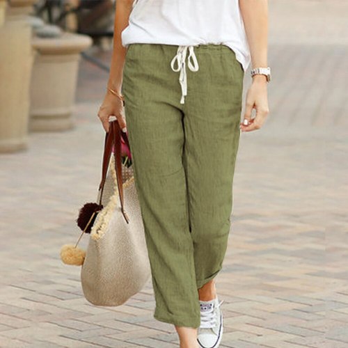 Woman Cotton Linen Solid Elastic waist Candy Colors Trousers