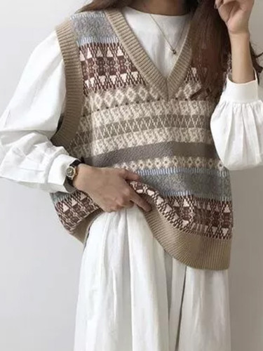 Vintage  Knitted Vest Sweater Women Sleeveless Pullover Elasticity Sweater