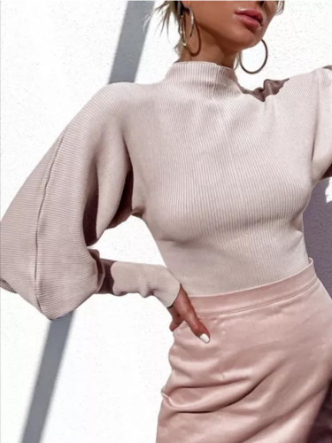 Fashion Turtleneck Women Casual Solid High-necked Long Lantern Sleeve Sweater