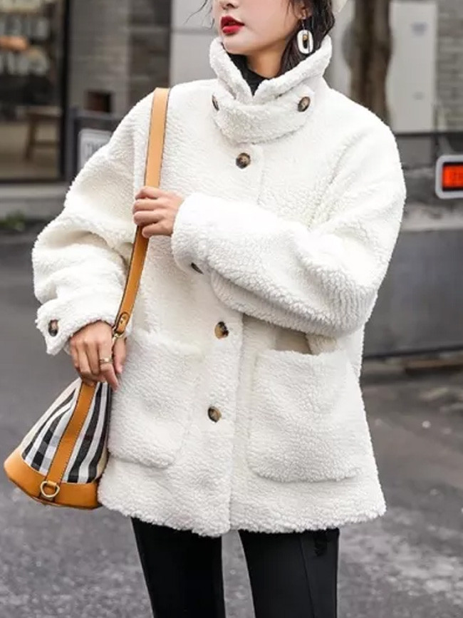 Faux Fur Fleece Button Oversized Thick Warm Pink Coat