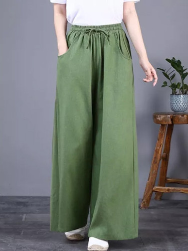 Women Cotton Linen Casual Trousers Autumn Simple Style Elastic High Waist Loose Wide Leg Pants