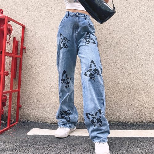 Fashion Cute Loose Print Butterfly Straight High Waist Jeans