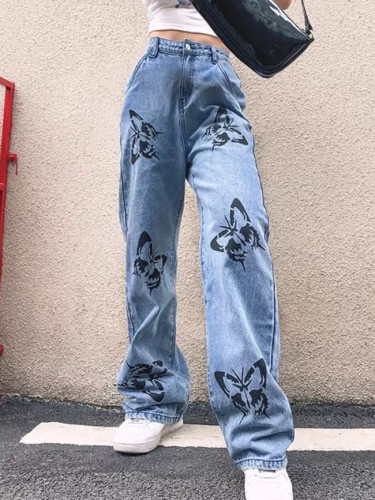 Fashion Cute Loose Print Butterfly Straight High Waist Woman Casual Cotton Jeans Trousers