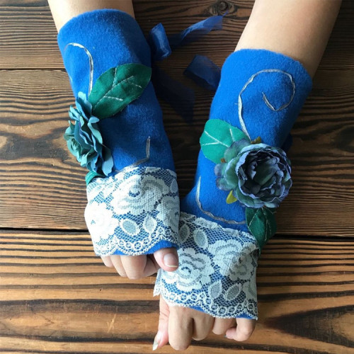 Autumn and winter warm women's fingerless floral gloves