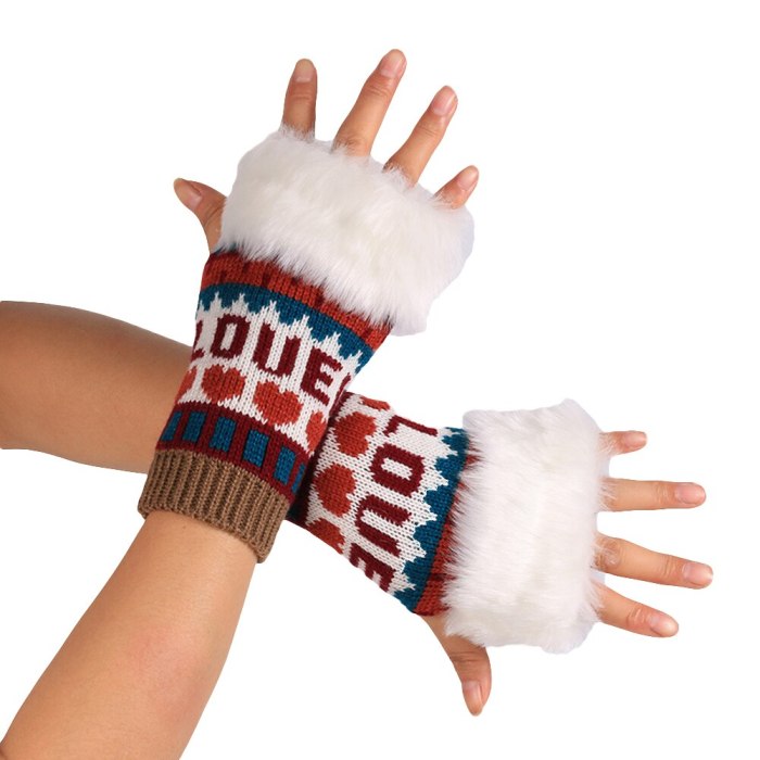Love Heart Faux Fur Women Half-finger Gloves Warm Keeper Knitted Mitten Winter