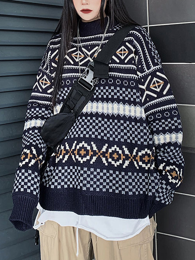 Sweater autumn and winter new Harajuku style four-color jacquard long-sleeved knitted top