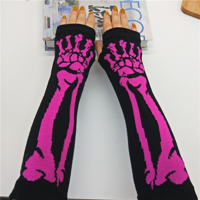Black Skull Half Finger Long Glove Women Knit Length Harajuku Punk Style