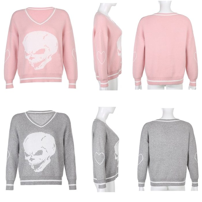 Y2K Sweaters Skulls Pullovers V Neck Knitwear Loose Casual Knitted Tops