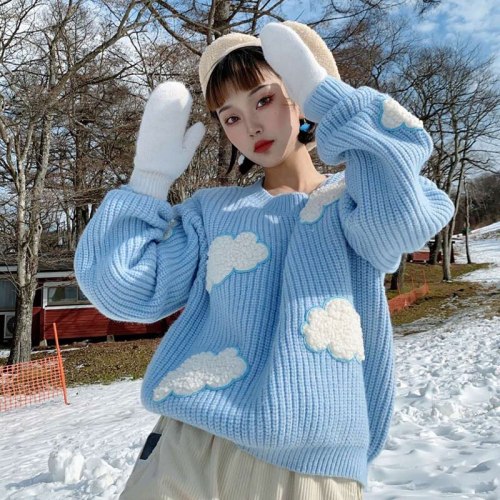 Women's Cozy Clouds Sweater Long Sleeve Crew Neck Winter Knit Tops