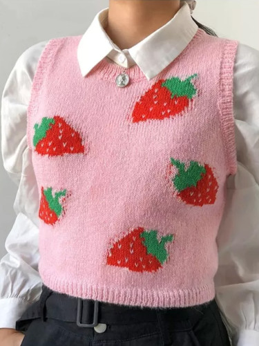 Strawberry Sweaters Y2K Crop Top Sleeveless O Neck Tank Top