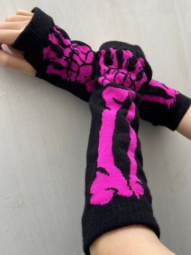 Black Skull Half Finger Long Glove Women Knit Length Harajuku Punk Style