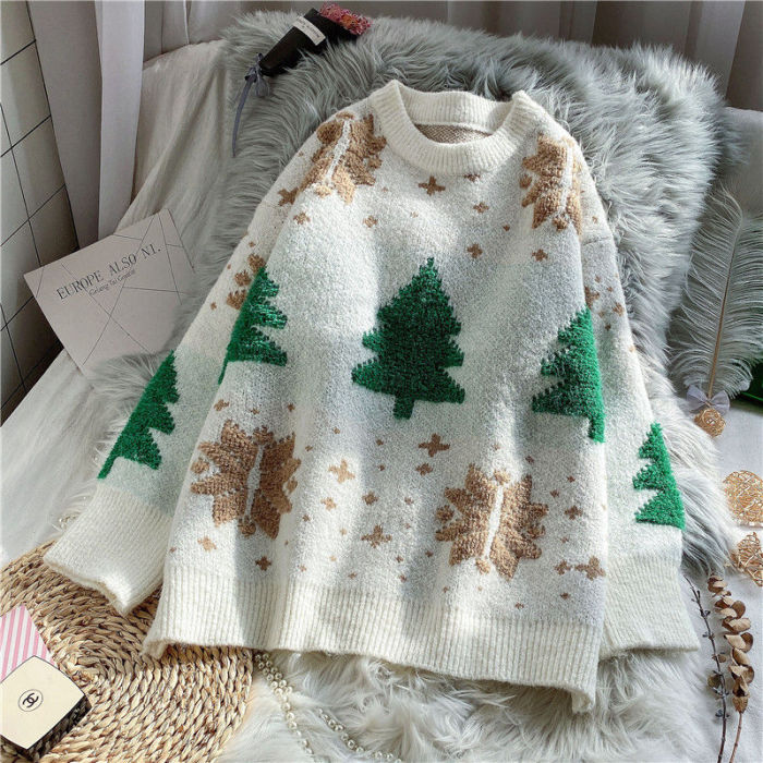 Red Christmas Snowflake Winter New Thicken Casual Soft Loose Round Neck Long Sleeves Knitted Top
