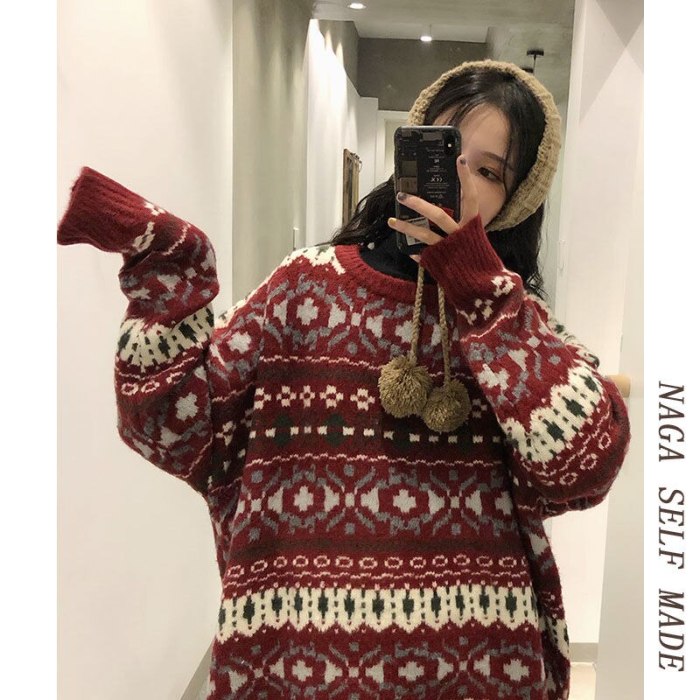 Autumn and winter clothing new cherries red jacquard christmas sweater women loose outer wear