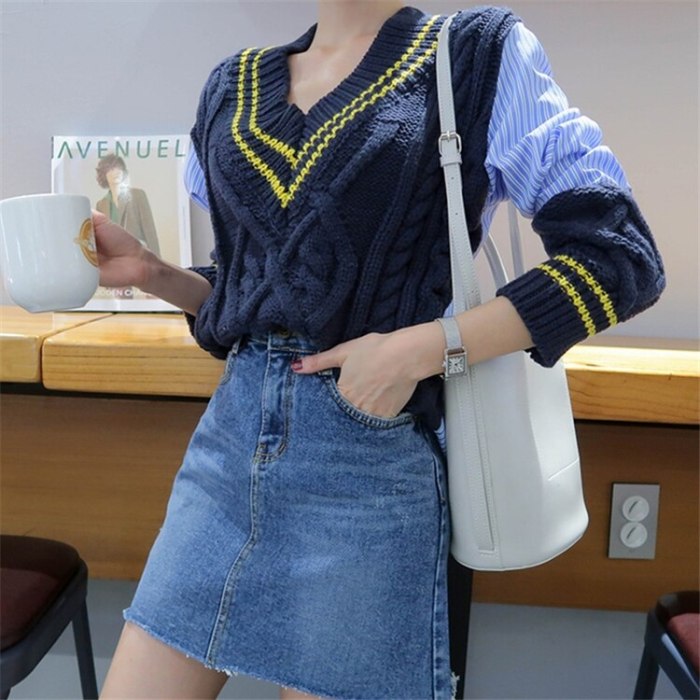 Autumn Winter Women's Sweaters Patchwork Srtiped V-Neck pullover