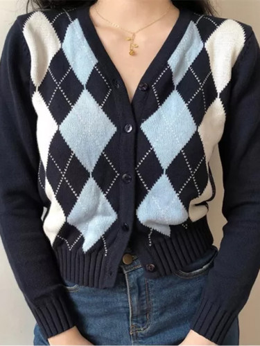 Women Geometric Pattern Slim V-Neck England Long Sleeve Outerwear