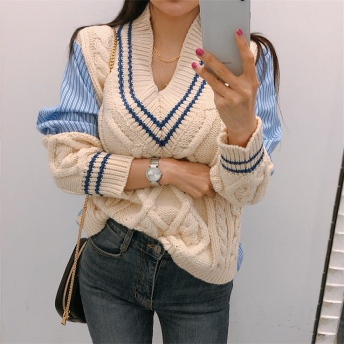 Autumn Winter Women's Sweaters Patchwork Srtiped V-Neck pullover