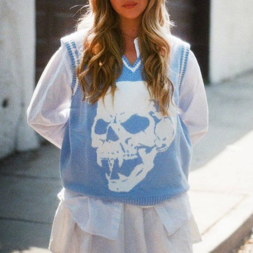 Y2K Sweaters Skulls Pullovers V Neck Blue Knitwear Loose Casual Tank Top Women