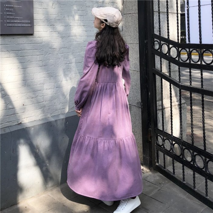Women Corduroy Loose Purple Pullover Vintage Out Wear Maxi Dresses