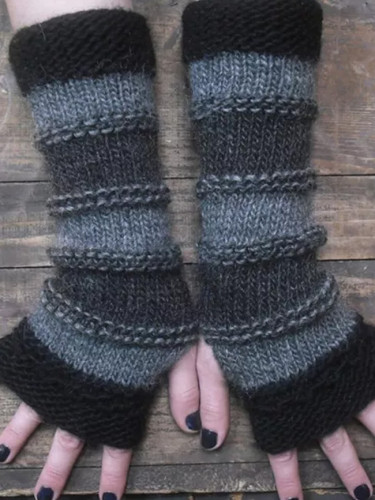 Women Winter Knitted Gloves Long Fingerless Gloves Winter Fashion Stitching Striped Warm Long Gloves Female