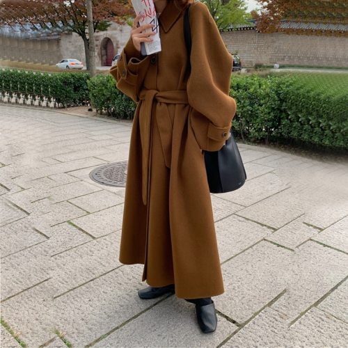 Women Vintage Winter Single Breasted Woolen Overcoat Sashes Cardigan Outerwear