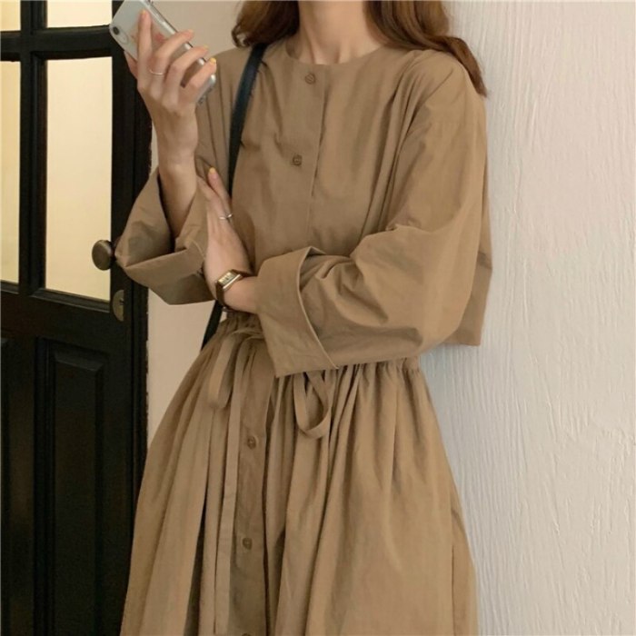 Women Vintage Autumn Full Sleeve Elastic Waist Long Shirt Dress