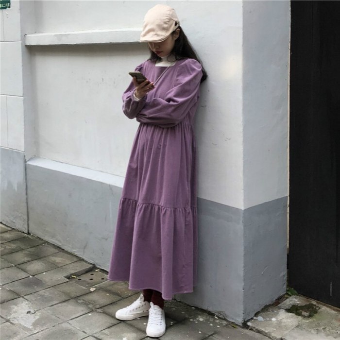 Women Corduroy Loose Purple Pullover Vintage Out Wear Maxi Dresses