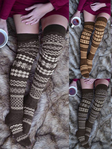 Women Cotton Christmas Warm Thigh High Long Stockings print Knit Over Knee Socks