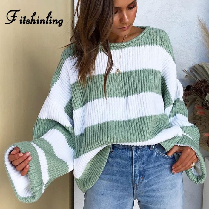 Striped Loose Ladies Sweater Pullover Autumn Winter Green Knit Sweaters