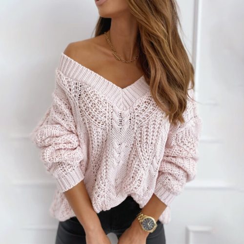 Autumn New Casual Solid V Neck Winter Vintage Knitted Sweater