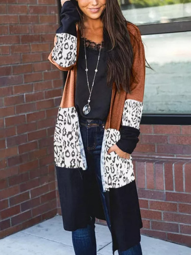 Fashion Women's Leopard Printed Knitted Pocket Casual Long Sleeve Irregular Cardigan Outerwear