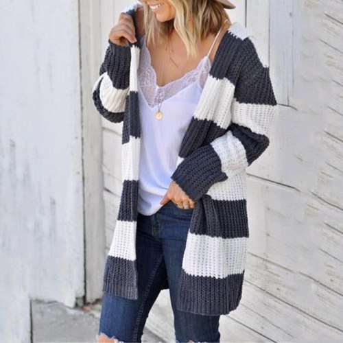 Women Striped Cow Patchwork Casual Knitted Cardigan Lady Loose Oversize Sweater Coat