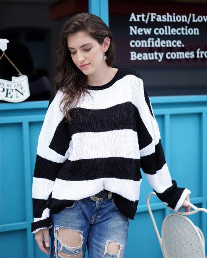 Striped Loose Ladies Sweater Pullover Autumn Winter Green Knit Sweaters