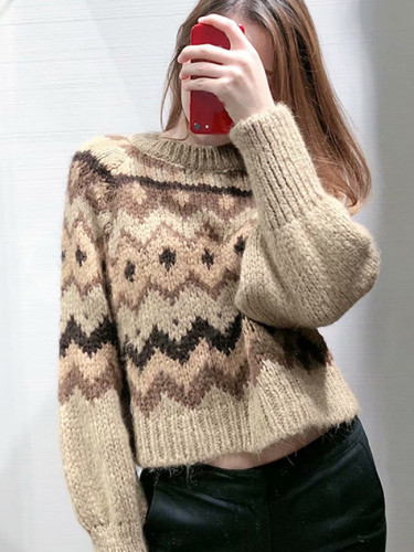 Women Casual O-neck Printed Sweater Spring Long Sleeve Vintage Pullover Tops