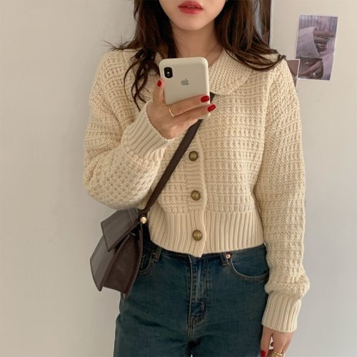 Autumn Knitted Sweaters Collar Cardigan Retro Single-breasted Solid Sweater Coat