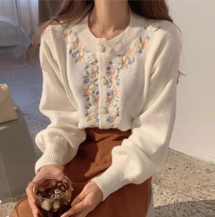 Knitted Cardigan Sweater Vintage Embroidery Flower Fashion Bead Button Sweaters