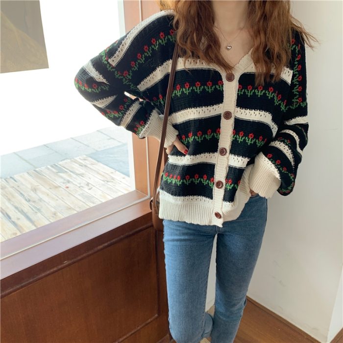 Vintage Floral Single-breasted Knitted Cardigan