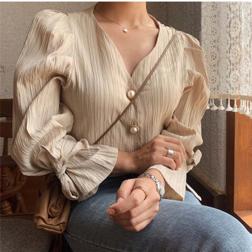 Elegance Casual Sweet Solid Pearls Chic Fresh Loose Vintage Shirts