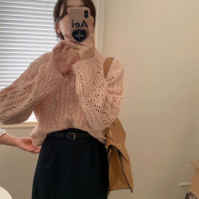 Autumn Pullovers Knitted Sweaters Loose Solid Hollow Retro Turn-down Collar Tops Women