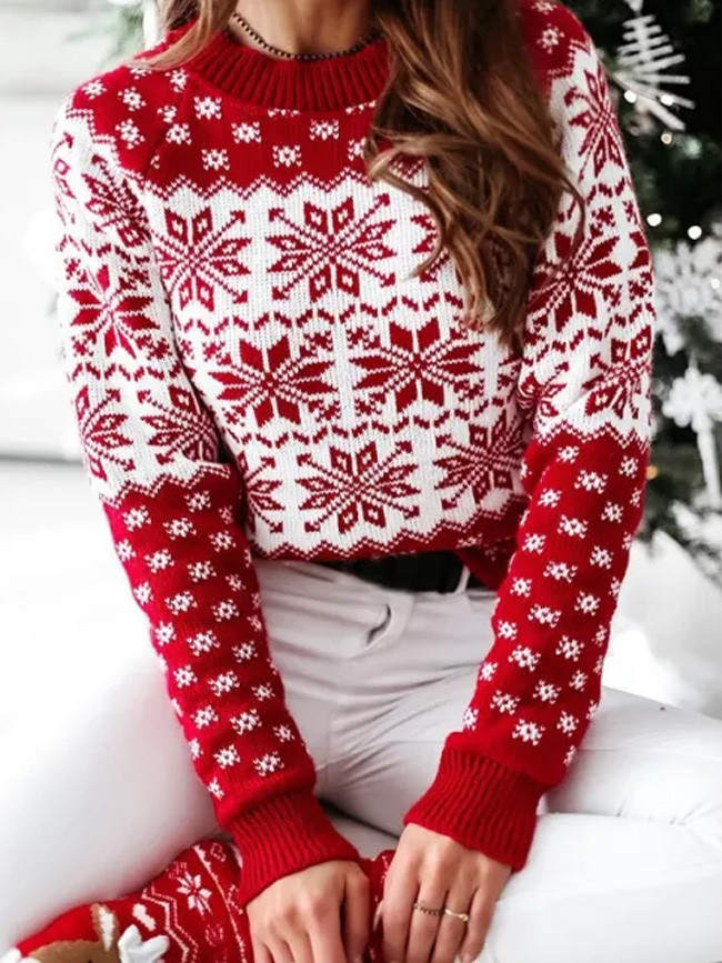 Fashion Women Christmas Sweaters Casual Long Sleeve O-neck Print Knitted