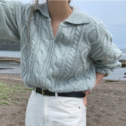 Retro Knitted Casual Solid Turn-down Collar Knitwear