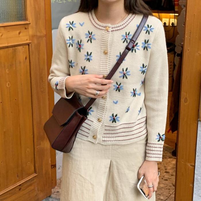 Autumn Floral Embroidery Knitted Sweaters Vintage Knit Cardigan