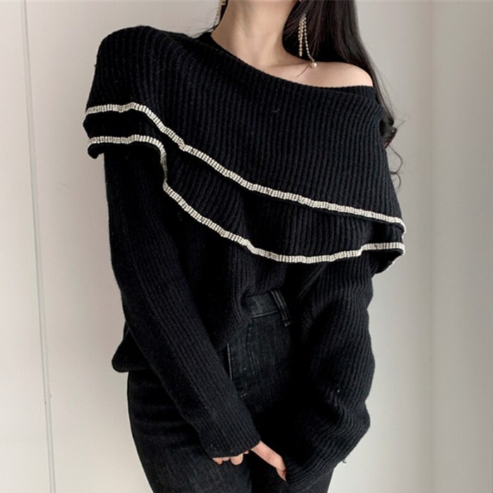 Women Chic Double-Layer Ruffles Long-Sleeve Knit Elegant Pullovers