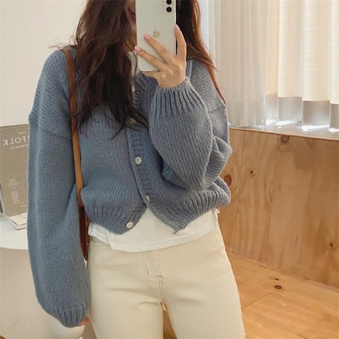 Autumn Winter Sweater Tops Long Sleeve V-Neck Solid Single Breasted Knitted Cardigan