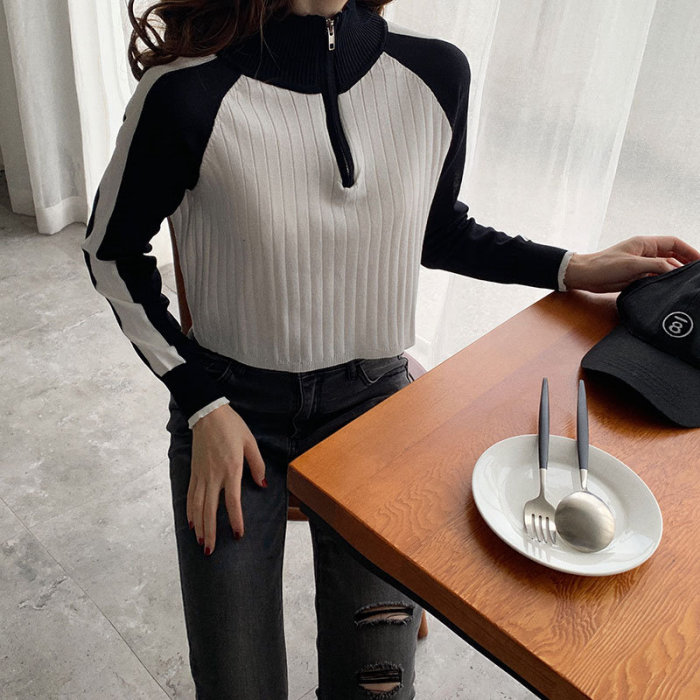 Striped Color-Hit Casual All-Match Zipper Loose Knitted Sweaters