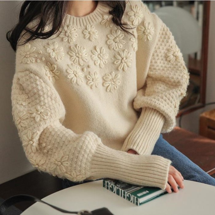 Women Vintage Loose Knit Lantern Sleeve Sweater