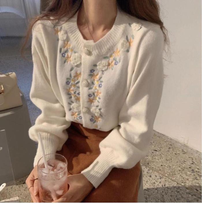 Knitted Cardigan Sweater Vintage Embroidery Flower Fashion Bead Button Sweaters