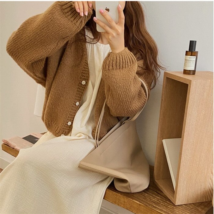 Autumn Winter Sweater Tops Long Sleeve V-Neck Solid Single Breasted Knitted Cardigan