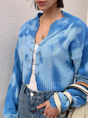 Fashion Woman Sweaters Tie Die Pastel Button Up Knitted Cardigan