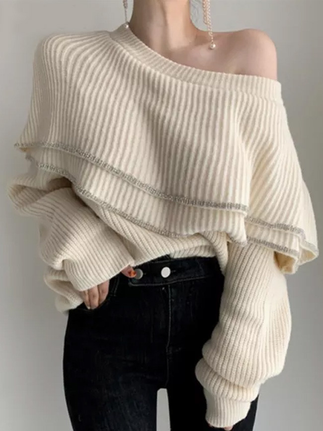Women Chic Double-Layer Ruffles Long-Sleeve Knit Elegant Pullovers