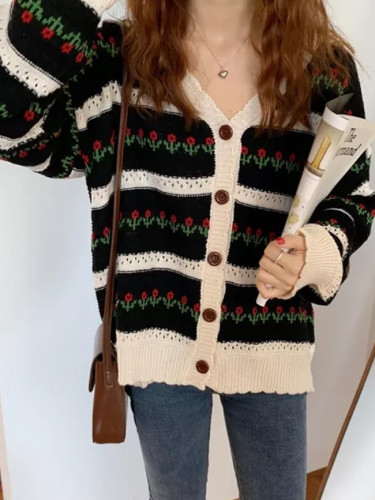 Vintage Floral Single-breasted Knitted Cardigan Sweater Coat Women